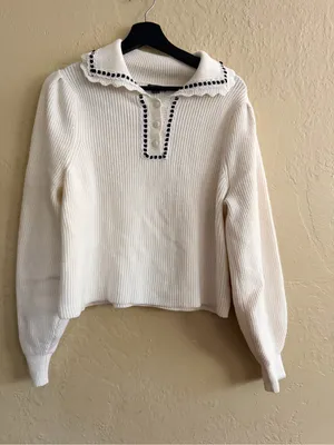 wild fable Cream Ribbed Knit Sweater with Green Logo Tag thumbnail 1