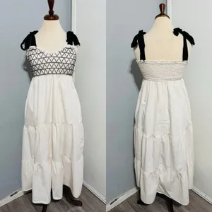 Women Ivory Smocked‎ Tiered Tie Straps Maxi Peasant Dress Size L 100% Cotton thumbnail 3