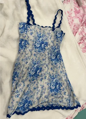ASOS Blue and white floral mini dress with scalloped trim and blue straps thumbnail 3