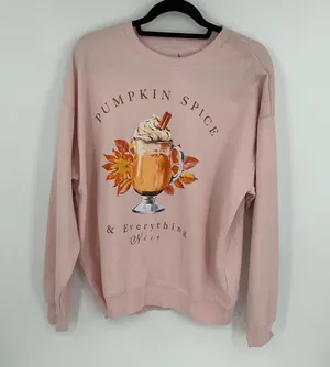 Goodie Two Sleeves Pumpkin Spice Sweatshirt Women's Size L Pink Graphic Pullover thumbnail 1