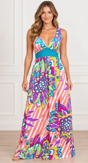 Flying Tomato Floral Striped Maxi Dress V-Neck Open Back ID10766 Multicolor M thumbnail 1