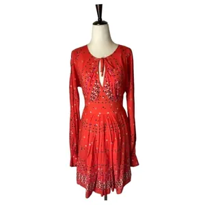 Free People Red Coryn Coral Polka Dot Long Sleeve Fit And Flare Dress Size‎ 0 thumbnail 3