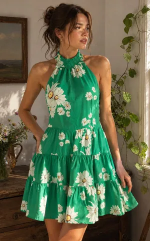 Alexia Admor Molly Green Daisy Floral Halter Tiered Mini Dress thumbnail 1