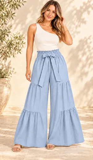 Blooming Jelly Haze Blue Tiered Palazzo Pants L Boho Resort Wide Leg thumbnail 1
