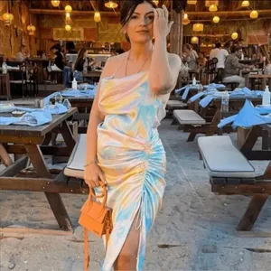 Zara pastel tie dye satin rainbow‎ ruched ruched midi dress blogger size XS thumbnail 4