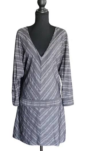 Athleta V-Neck Gray Striped Athleisure‎ Chevron Drop Waist Dolman Dress L thumbnail 1