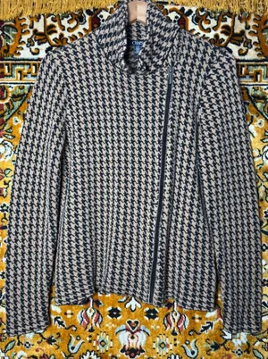 Chaps Houndstooth Asymmetric Zip Cowl Neck Sweater Soft 100% Cotton Size L thumbnail 1