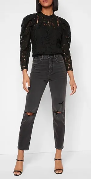 Express Women’s Black Medium‎ Whimsygoth Dark Romance Lace Puff Sleeve Top thumbnail 1