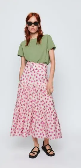 🌸 ZARA Floral Print Belted Tiered Midi Skirt | Size S 🎀 thumbnail 1