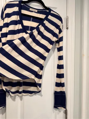 NWOT Free People We The Free Size L Blue Cream Striped Thermal Knit V Neck Top thumbnail 5