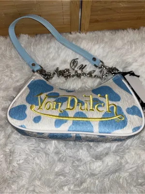 Von Dutch blue white cow print shoulder bag with chain charms purse tote handbag thumbnail 2