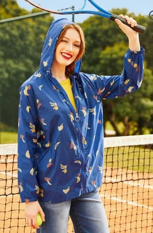 Modcloth Royal Blue Mind At Breeze Windbreaker Nylon Rain Jacket Fruit M thumbnail 1