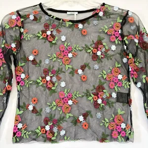Kimchi Blue Womens Black Sheer Floral Embroidered Long Sleeve‎ Blouse Top Small thumbnail 2