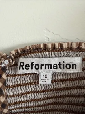 Reformation Jeune Dress Size 10 Brown White Gingham Ruffle Mini Dress thumbnail 4