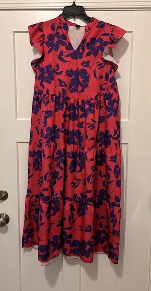 SHEIN Ruffle Tiered Sleeveless Pink Blue Floral Dress Women's Size Large Midi thumbnail 1