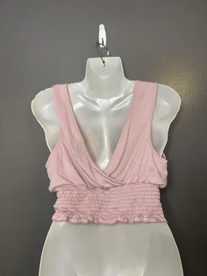 Urban Outfitters Tank Top Womens Medium Pink Deep V Neck Smocked Cropped thumbnail 4