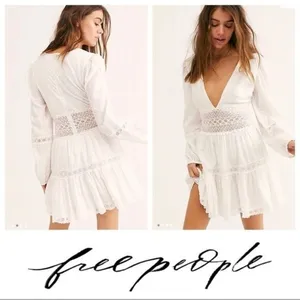 Free People Ponderosa Mini Dress Womens 4 Ivory Boho‎ Lace V-Neck OB1084337 thumbnail 4