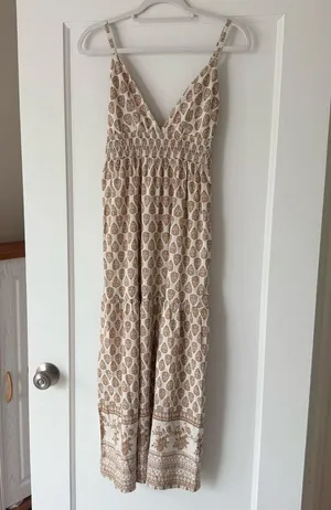 Sim & Sam Bohemian Tan Babydoll Linen Blend Maxi Dress in Oat Print Size XSmall thumbnail 1