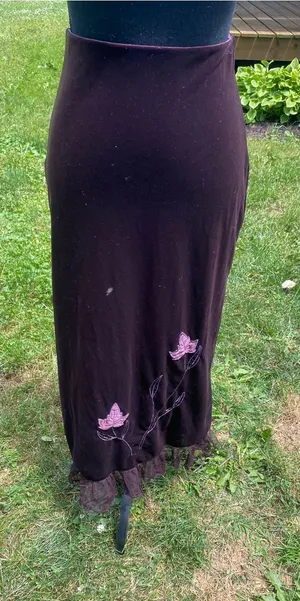 XOXO Dark Purple Velvet Midi Skirt with Floral Embroidery Y2K Made in USA thumbnail 1