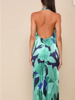 Lulus Prime Poise Green And Blue Abstract Satin Halter Maxi Dress NWT Small thumbnail 4