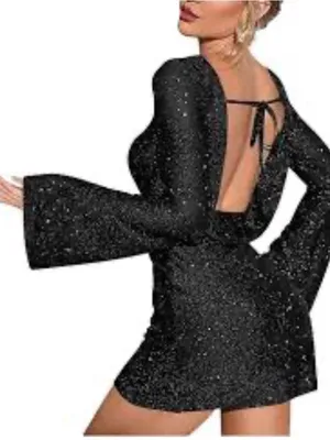 New! Black Sparkly Sequin Backless Tie Mini Long Sleeve mini dress thumbnail 2