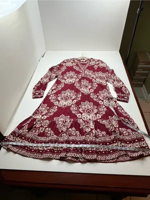 Sézane Boheme Burgundy Red Cream Boho Floral Long Sleeve Midi Maxi Dress‎ Medium thumbnail 9