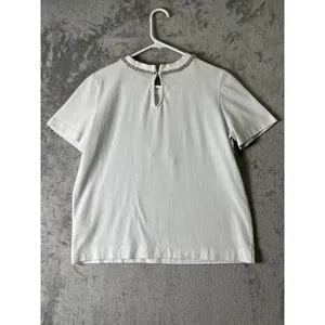 Maeve Anthropologie White Cotton Embellished Bow Neck Short Sleeve Top Small thumbnail 3