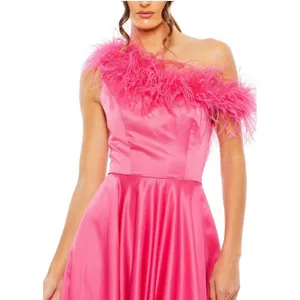 NWT Mac Duggal 11684 Hot Pink Satin Feather One Shoulder A-Line Gown Size 6 $598 thumbnail 2