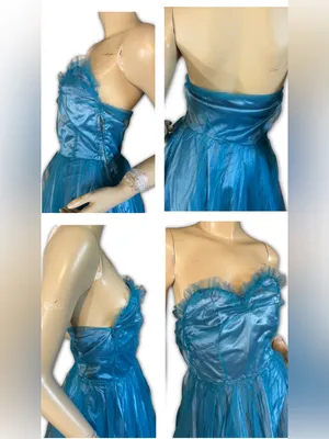 Vintage 1950'S Turquoise Blue Satin & Tulle Strapless Party Dress (Xs) thumbnail 8