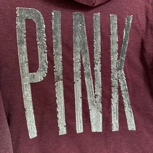 PINK Victorias Secret Maroon Silver Logo Sequin Bling Hoodie Zip Sweater Medium thumbnail 6