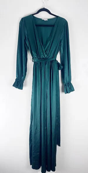 BALTIC BORN Katya Emerald Green Satin Faux Wrap V-Neck Maxi Dress Size Medium thumbnail 1