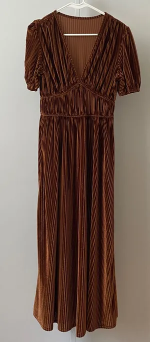 Roman style Pleated Moody MobWife V-Neck Velvet Maxi Dress Small Brown thumbnail 1