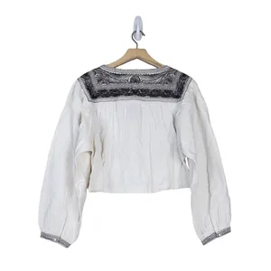 Free People Womens M Iggie Embroidered Blouse in Ivory/Black Bean NEW thumbnail 3