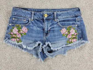 American Eagle Women Cutoff Jean Micro Shorts 4 Blue Denim Floral Embroidery thumbnail 1