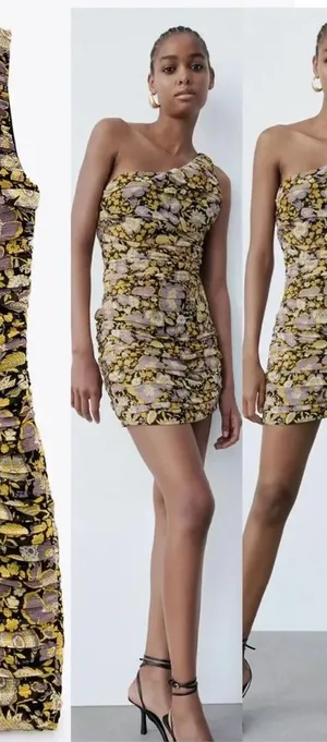 ZARA One-Shoulder Ruched Mini Dress in Yellow and Purple Floral thumbnail 1