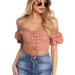 Windsor Women‎ Coral Peasant Lace-Up Off the Shoulder Cottagecore Cropped Top L thumbnail 2