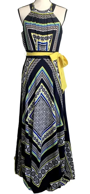 Eliza J Geometric Scarf Print Sleeveless Maxi Dress‎ in Blue/Yellow thumbnail 1