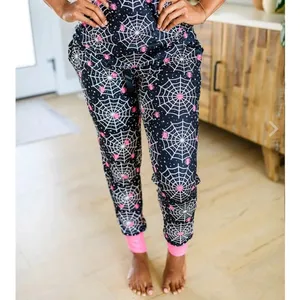 Shirley & Stone Womens Halloween Spider‎ Web Henley Pajama Set Pink Black Medium thumbnail 3