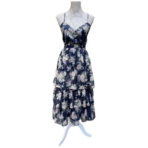 Lulus Cultivate Crushes Navy Floral Print Tiered Ruffled Midi Dress Size S thumbnail 3