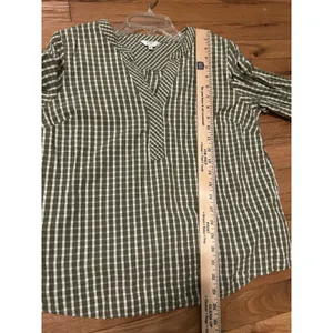 Crown & Ivy Size Medium Checkered Gingham Peasant Blouse Green & White Cotton thumbnail 7