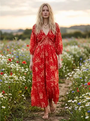 Free People Golden Hour Maxi Dress Cherry Red Medium Bohemian Spring Floral 70s thumbnail 11
