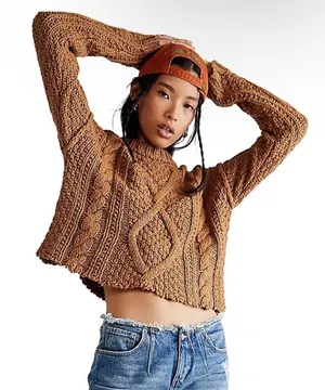 Free People Cutting Edge Cable Knit Pullover Sweater Camel Crop Cotton Size Smal thumbnail 1
