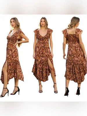 Vintage Angie Autumn Petals Brown Floral Boho Maxi Dress Size Small NWOT thumbnail 2