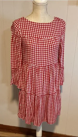 beachlunchlounge Red and White Gingham Tiered Long-Sleeve Dress thumbnail 1