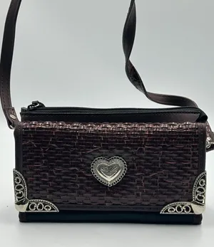 Western Woven Heart Concho Crossbody Wallet Bag Brown Black Ornate Corners thumbnail 1