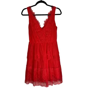 BCBGMAXAZRIA Red Lace Tiered V-Neck Cocktail‎ Dress Sleeveless Size S thumbnail 7