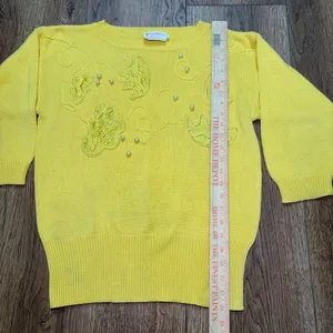 VTG 80s Beldoch Popper Yellow Floral Applique Pearl Knit Sweater Womens M READ thumbnail 4