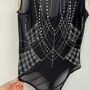 BKE Black Sheer Mesh Bodysuit Sz Large Embellished Jewel Rhinestone Y2K thumbnail 6