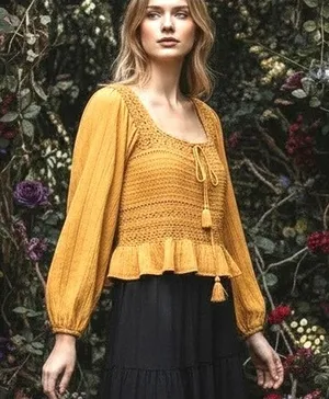 American Eagle NWT Blouse Top Crochet Gauze SZ LG Long Sleeves Mustard Smocking thumbnail 1