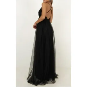 Black Tulle Maxi Dress Plunge Halter Open Back Slit Prom Evening Luxxel S NWT thumbnail 2